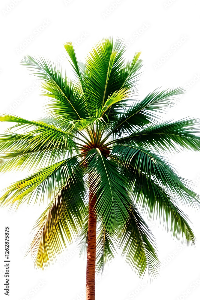 An elegant coconut palm tree with vibrant green leaves on a white background. An elegant coconut palm tree with vibrant green leaves on a white background.