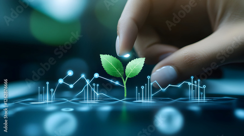 Hand Planting a Digital Sapling on Growing Financial Chart, Representing Sustainable Growth and ESG