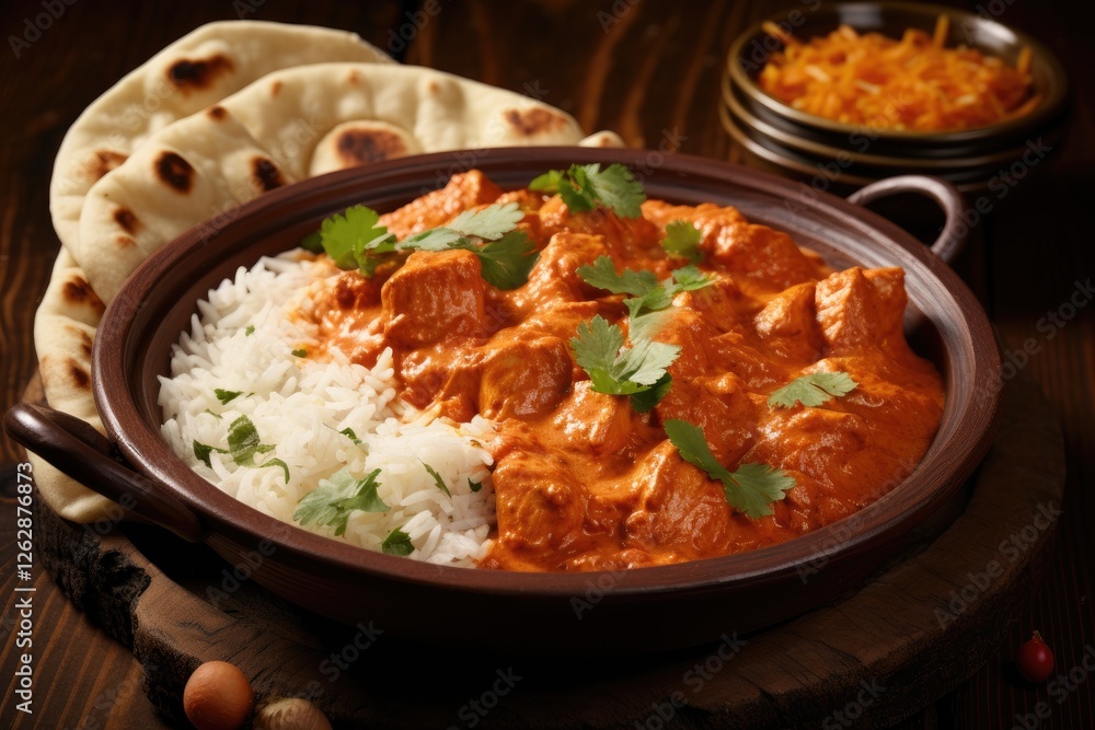 Spicy chicken curry with rice and bread served on clay plate Spicy chicken curry with rice and bread served on clay plate