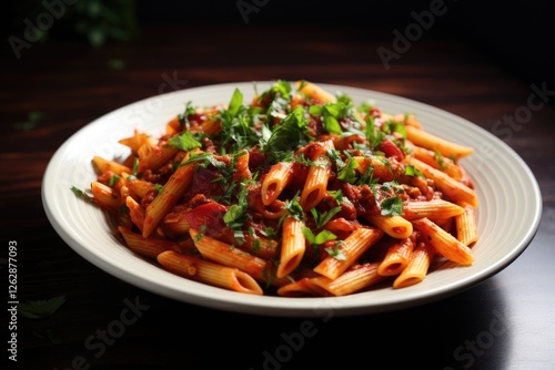 Spicy chili sauce on penne pasta photo