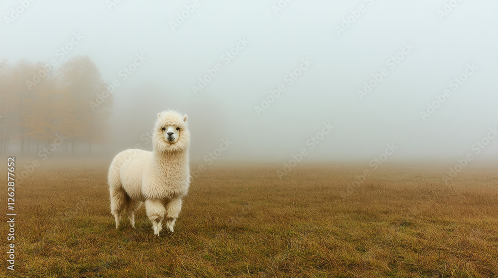 A fluffy alpaca stands in a misty field, creating a serene and tranquil atmosphere. A fluffy alpaca stands in a misty field, creating a serene and tranquil atmosphere.