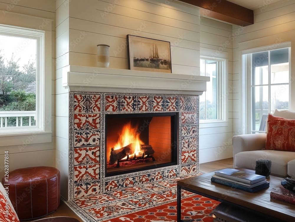 tiled fireplace surround with bold, patterned tiles that create a striking focal point in a cozy living room tiled fireplace surround with bold, patterned tiles that create a striking focal point in a cozy living room