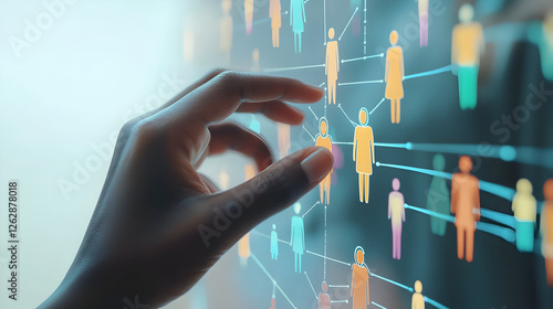 Hand Interacting with a Digital Network of People Representing Social Connections, Global