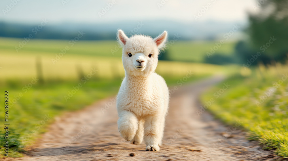 A cute white alpaca walking down a country road surrounded by green fields and a scenic landscape. A cute white alpaca walking down a country road surrounded by green fields and a scenic landscape.