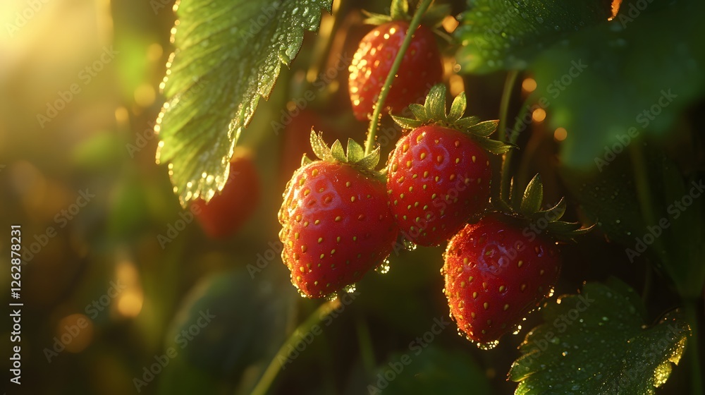 Fresh Strawberries Glimmering with Dew in Sunrise Glow Fresh Strawberries Glimmering with Dew in Sunrise Glow