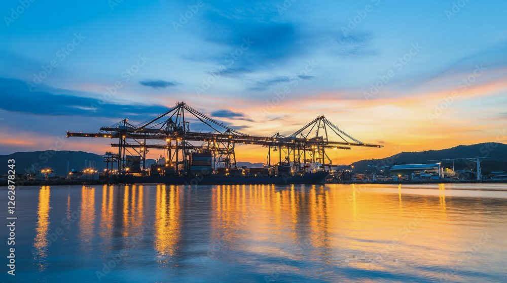 Fototapeta premium Container truck in ship port for business Logistics and transportation of Container Cargo ship and Cargo plane with working crane bridge in shipyard at sunrise, logistic import export and transport