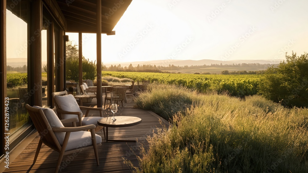Fototapeta premium Golden Hour Vineyard Patio With Modern Minimalist Design