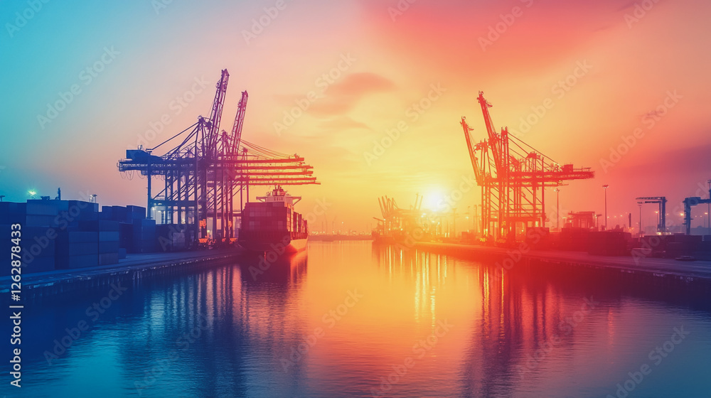 Container truck in ship port for business Logistics and transportation of Container Cargo ship and Cargo plane with working crane bridge in shipyard at sunrise, logistic import export and transport Container truck in ship port for business Logistics and transportation of Container Cargo ship and Cargo plane with working crane bridge in shipyard at sunrise, logistic import export and transport
