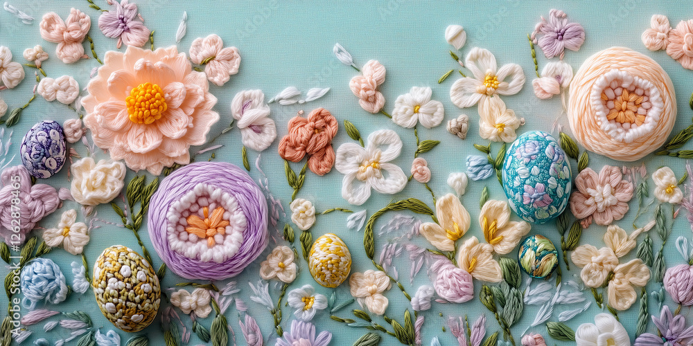 Flat lay postcard with a hoop with beautiful flowers embroidery, on a table, surrounded by colorful Easter eggs painted in different colors to celebrate Easter. Top down view. Flat lay postcard with a hoop with beautiful flowers embroidery, on a table, surrounded by colorful Easter eggs painted in different colors to celebrate Easter. Top down view.