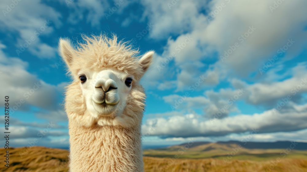 Obraz premium Fluffy llama with a curious expression against a vibrant sky and rolling hills.