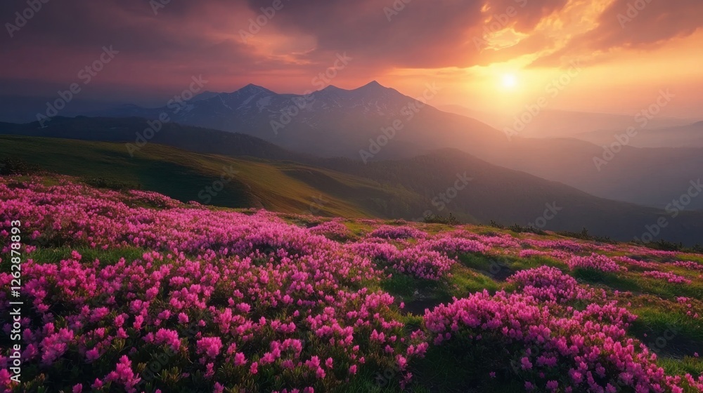 Obraz premium Enchanting Springtime in the Alps: Meadows Ablaze with Blooms Against a Mountainous Backdrop