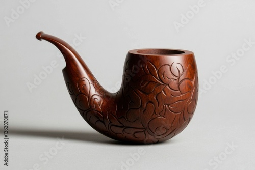 Ornate Wooden Smoking Pipe Against Gray Background. Potential Stock Photo Use photo