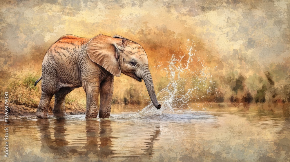 Fototapeta premium Young elephant splashing water joyfully in a serene river during a golden sunset