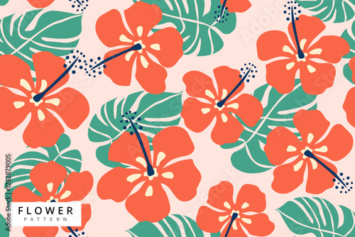 vector illustration of hibiscus seamless pattern design, tropical flower and summer season, background and wallpaper abstract design