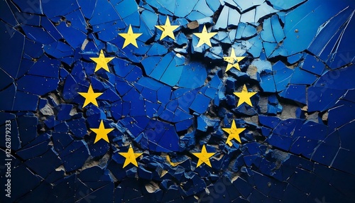 Conceptual image showing the flag of The European Union cracking and falling apart