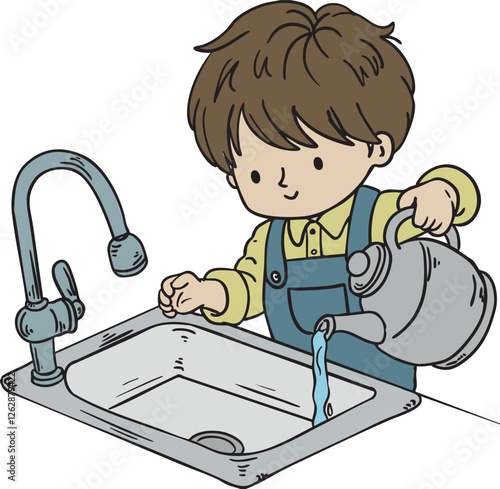 Child Wasting Water with a Garden Hose - Environmental Awareness and Conservation Illustration