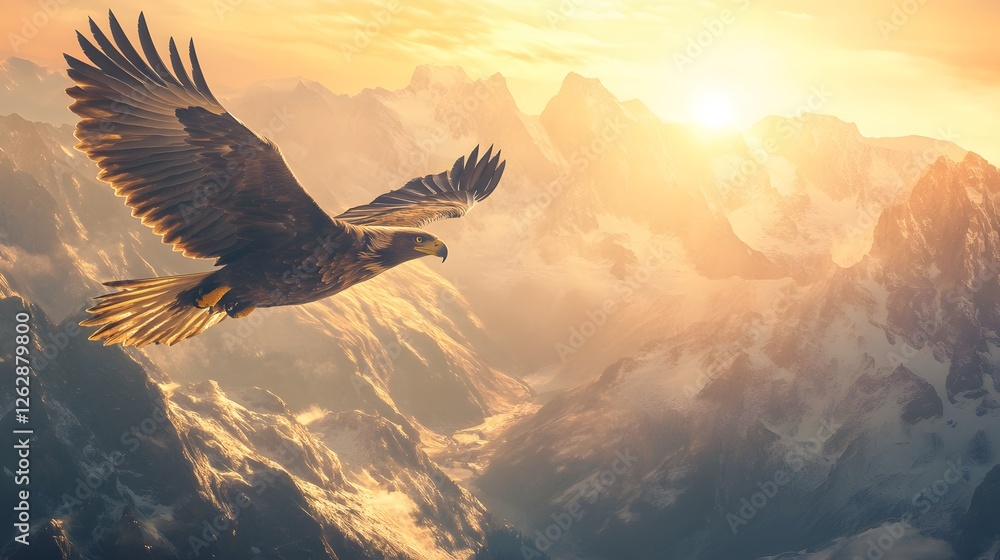 Fototapeta premium Majestic Eagle Soaring Over Mountain Landscape at Sunset Glow