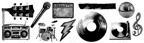 Set of music and instrument halftone grunge vector design elements