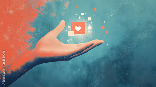 Open Hand Offering Digital Heart, Social Media Love and Connection