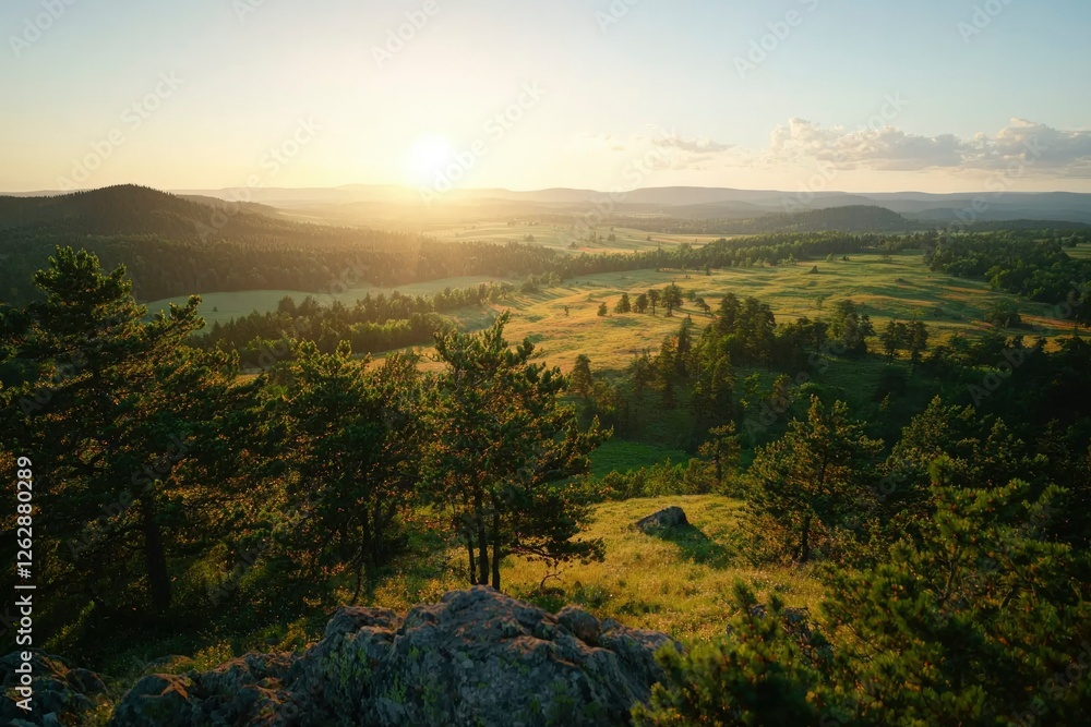 Naklejka premium Panoramic Sunset View Over Hills
