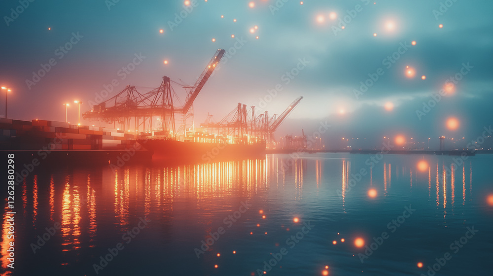 Obraz premium Container truck in ship port for business Logistics and transportation of Container Cargo ship and Cargo plane with working crane bridge in shipyard at sunrise, logistic import export and transport