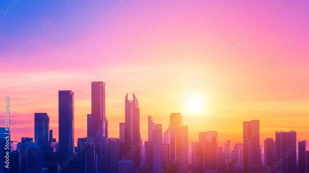 Vibrant city skyline at sunset with colorful sky, showcasing modern architecture and urban life Vibrant city skyline at sunset with colorful sky, showcasing modern architecture and urban life