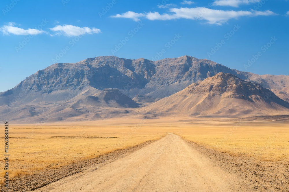 Gravel road crossing arid desert plain leading to majestic mountains in namibia Gravel road crossing arid desert plain leading to majestic mountains in namibia