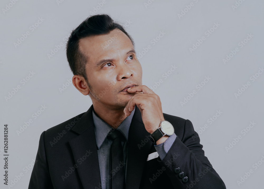 Confused asian boss manager businessman thinking about something, isolated over white background. Confused asian boss manager businessman thinking about something, isolated over white background.