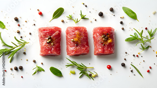 A raw and unorthodox beef, sliced into four steaks with herbs on the side
 photo