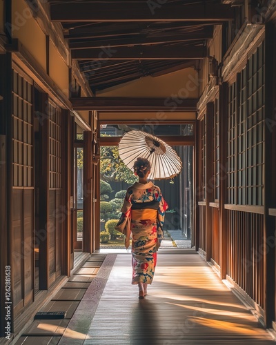 young Japanese woman in a colorful kimono, holding an umbrella, photo