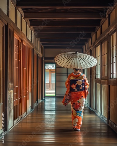 young Japanese woman in a colorful kimono, holding an umbrella, photo