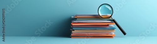 A stack of colorful folders with a magnifying glass resting on top, set against a light blue background.