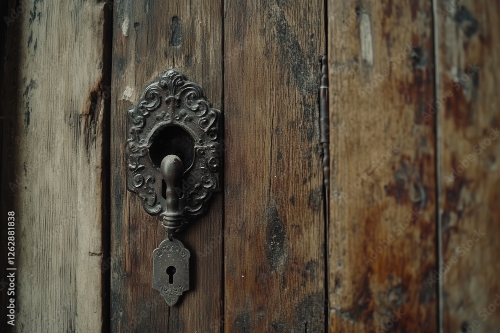 classic door handle and keyhole on a weathered wooden door, the natural grain of the wood contrasted with the smooth classic door handle and keyhole on a weathered wooden door, the natural grain of the wood contrasted with the smooth