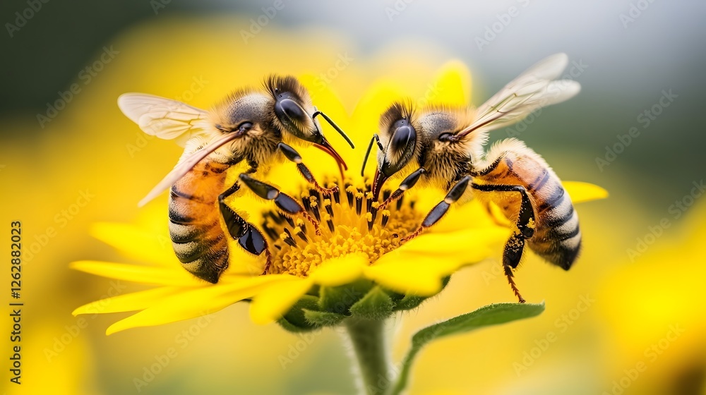 Close-up of Bees Pollinating Bright Yellow Flower in Nature Close-up of Bees Pollinating Bright Yellow Flower in Nature