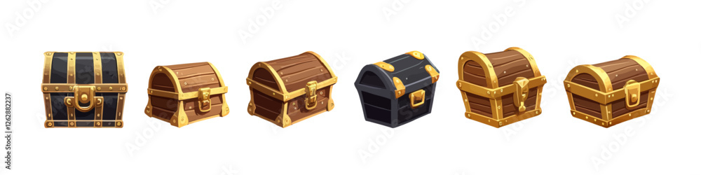 Wooden chest set. Cartoon game assets. Vector illustration.