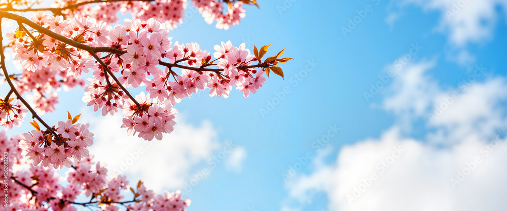 Cherry blossom branches reaching towards a bright blue sky, refreshing atmosphere Cherry blossom branches reaching towards a bright blue sky, refreshing atmosphere
