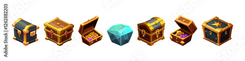Wooden chest set. Cartoon game assets. Vector illustration.