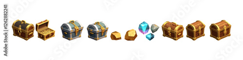 Wooden chest set. Cartoon game assets. Vector illustration.