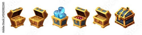 Wooden chest set. Cartoon game assets. Vector illustration.