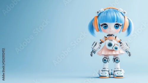 Wallpaper Mural A charming robot girl toy with a glossy pink rock-textured dress and stylish short blue hair, designed in a sleek futuristic style, perfect for modern video content. Torontodigital.ca
