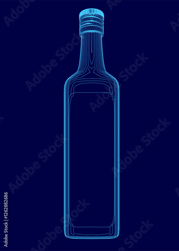A bottle of alcohol is shown in a blue background. The bottle is empty and the label is missing. The image is a stylized representation of a bottle, with the focus on the empty bottle itself