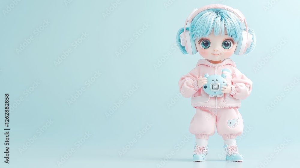 A cute robot newborn girl toy in a soft pink jumpsuit with short blue hair, standing in a minimalist modern design on a light , ideal for video content creation. A cute robot newborn girl toy in a soft pink jumpsuit with short blue hair, standing in a minimalist modern design on a light , ideal for video content creation.