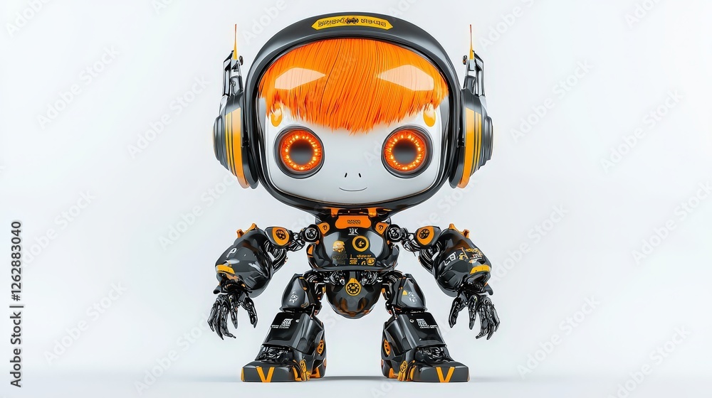 A futuristic robot witch toy with short red hair, dressed in a black and orange theme, captured in minimal modern motion style on a light , perfect for creative video production. A futuristic robot witch toy with short red hair, dressed in a black and orange theme, captured in minimal modern motion style on a light , perfect for creative video production.