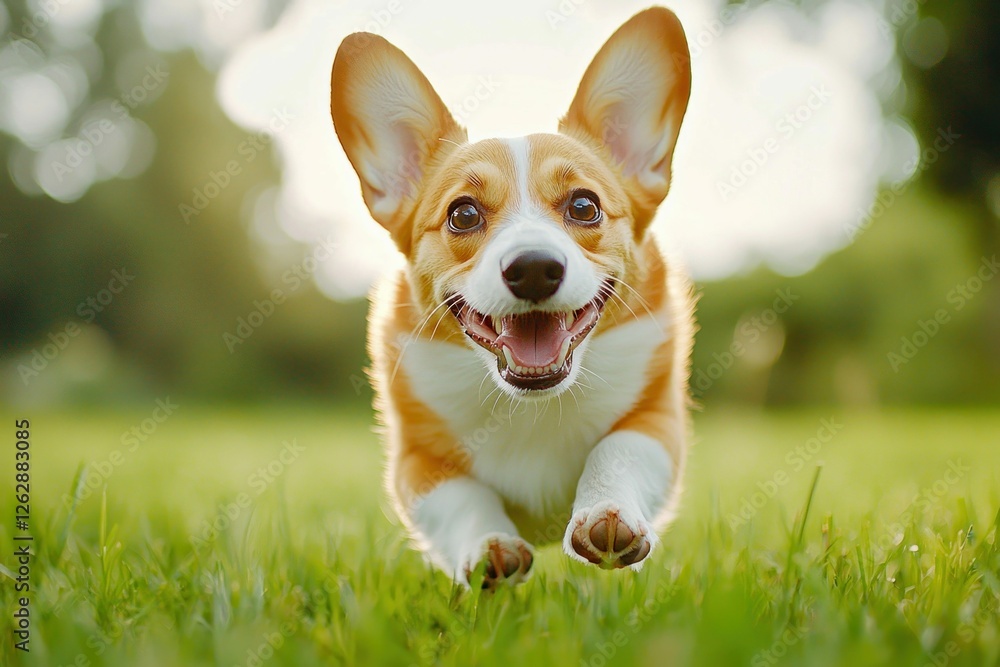 Happy Corgi Running on Green Grass in Sunlight Happy Corgi Running on Green Grass in Sunlight