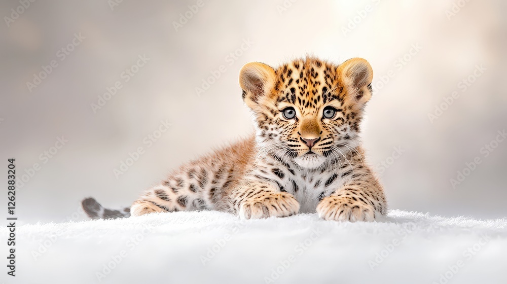 Fototapeta premium A leopard cub rests gracefully on the grey backdrop, showcasing the intricacies of spots and soft fur. The natural charm of the cub is brought into focus with full depth of field