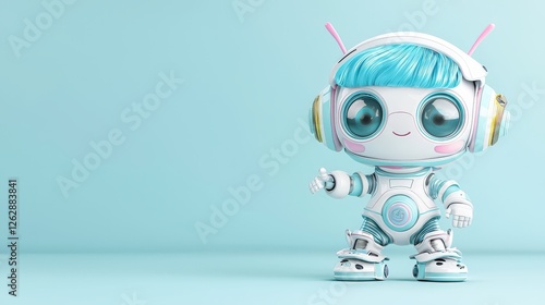 A playful robot newborn toy in a colorful fashionista style with short blue hair, designed with a spring-summer theme,  on a light , perfect for video creation and modern motion design.