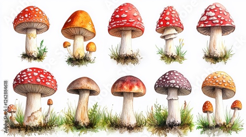 Watercolor illustration of various red toadstools with detailed caps and stems on grass, isolated on white photo