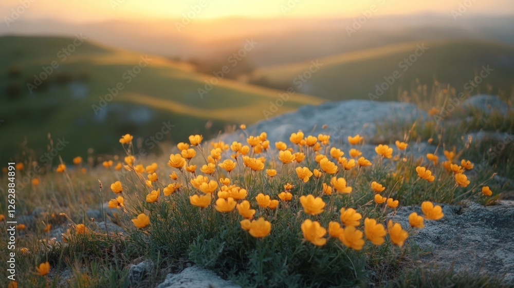 Fototapeta premium Vibrant Yellow Wildflowers at Sunset on a Hillside