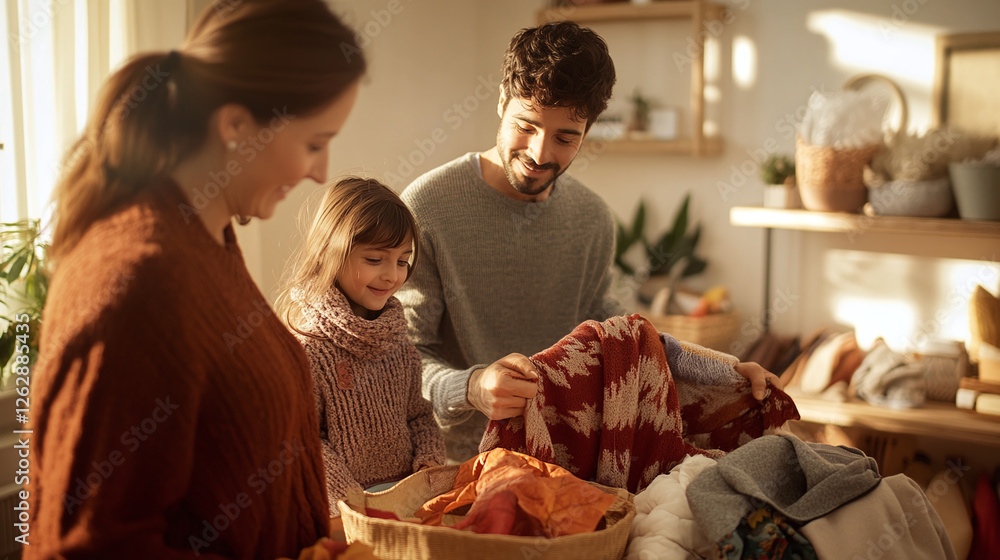 Obraz premium A family packing away summer clothes and decorations, pulling out fall sweaters, scarves, and leaf-themed items for the home