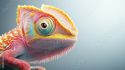 The veiled chameleon is seen from a side angle,  curious eyes and vibrant skin glowing against a plain grey backdrop. The photo highlights the texture of  scales and the smoothness of  skin